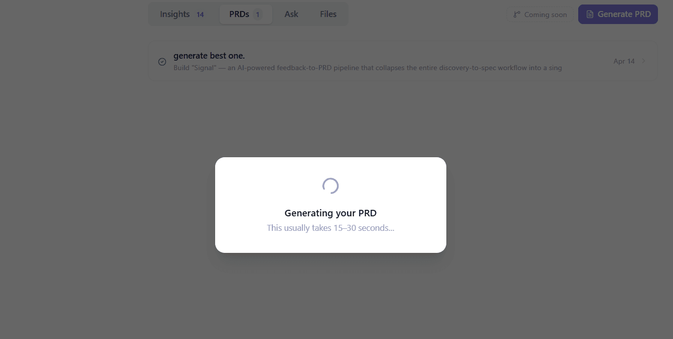 PRD generation in progress — screenshot of PMRead streaming output