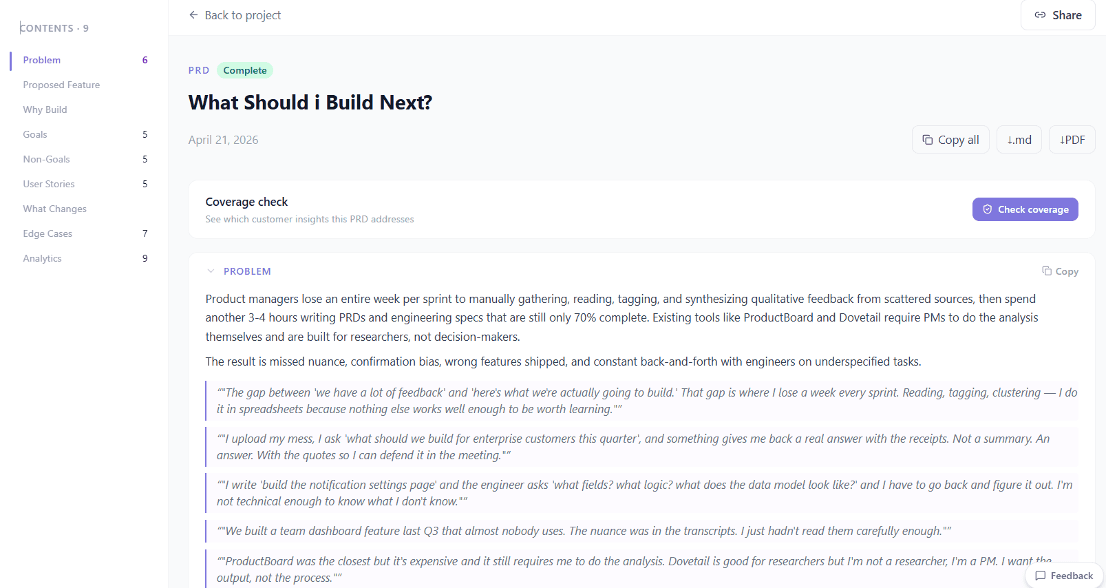 PRD with evidence quotes — screenshot of PMRead PRD output